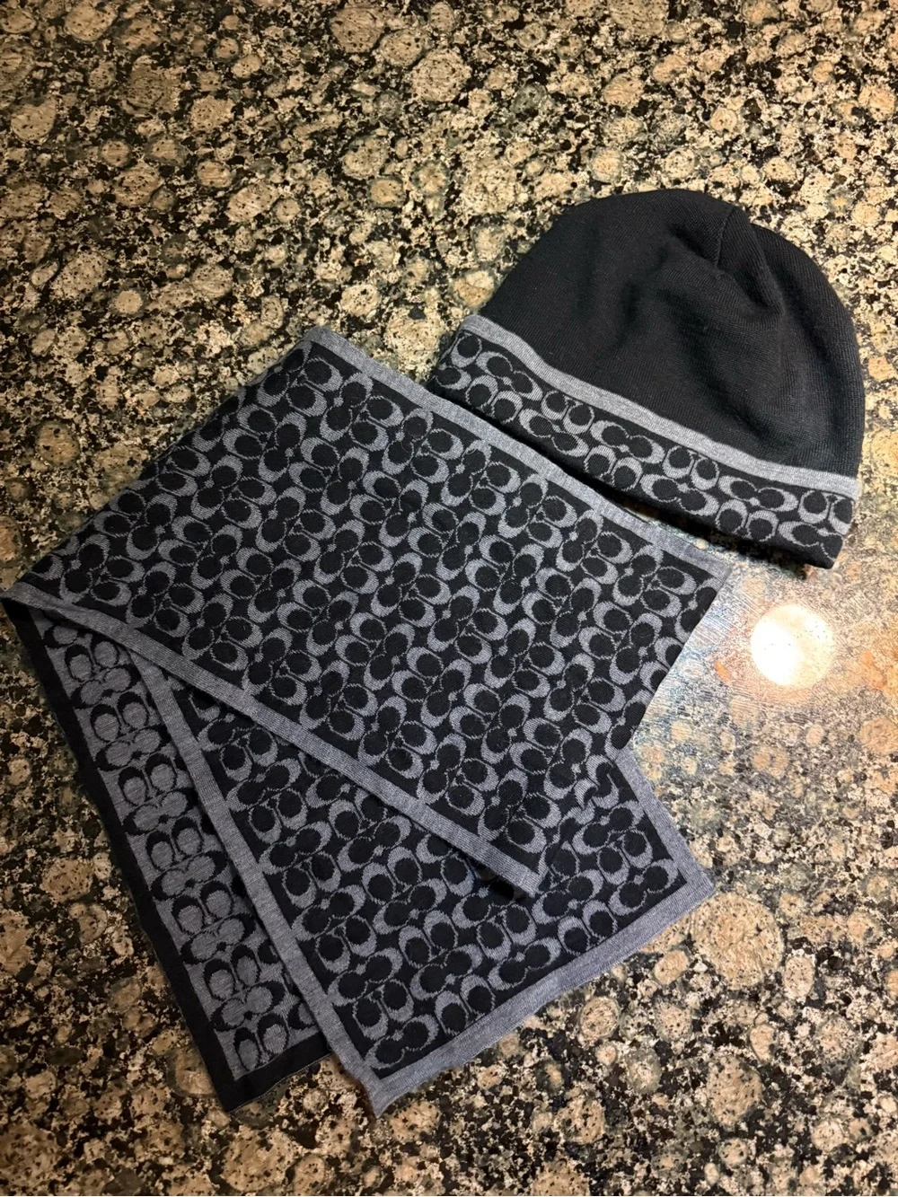 Coach Black & Gray Logo Knit Beanie and Scarf Set